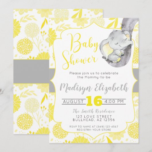 Yellow Dahlias Baby Elephant Baby shower Kaart (Voorkant / Achterkant)