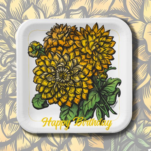 Yellow Dahlias Floral Papieren Bordje