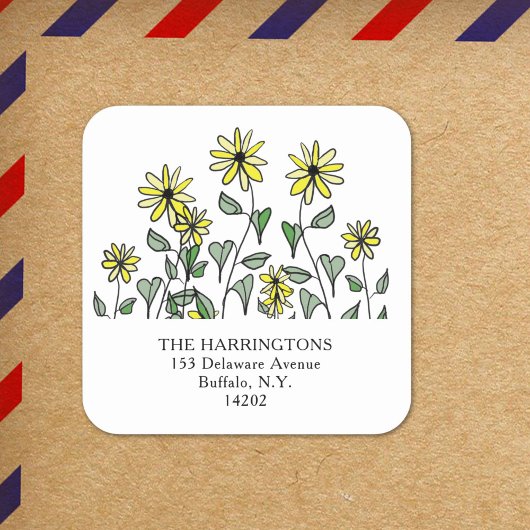 Yellow Daisies Boho Cute Wildflower Return Address Vierkante Sticker