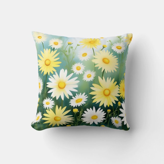 Yellow Daisies Meadow Waterverf Kussen (Voorkant)