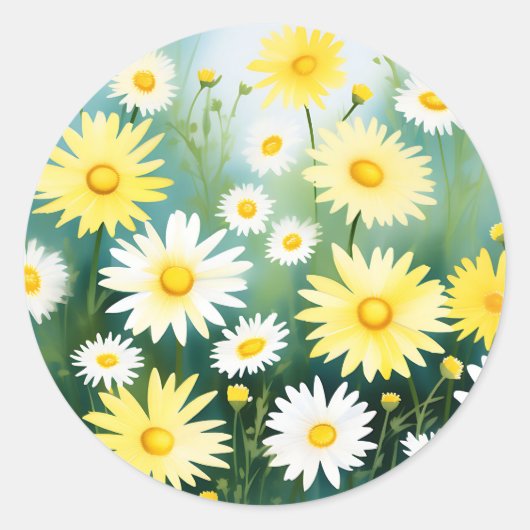 Yellow Daisies Meadow Waterverf Ronde Sticker (Voorkant)