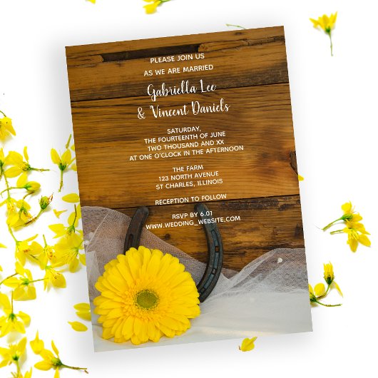Yellow Daisy and Hoefijzer country Western Wedding Kaart