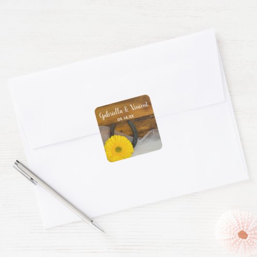 Yellow Daisy and Hoefijzer country Western Wedding Vierkante Sticker (Envelop)