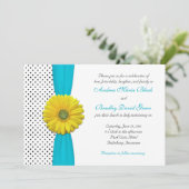 Yellow Daisy Aqua Polka Dot Wedding Invitation Kaart (Staand voorkant)