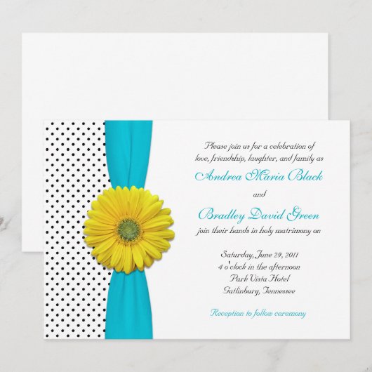 Yellow Daisy Aqua Polka Dot Wedding Invitation Kaart (Voorkant / Achterkant)