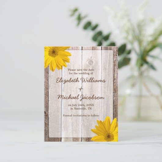Yellow Daisy Barn Wood Save the Date Notice (Staand voorkant)