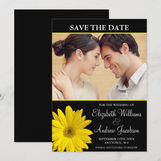 Yellow Daisy Black foto Save the Date (Voorkant / Achterkant)
