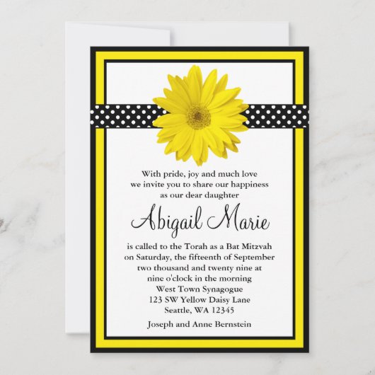 Yellow Daisy Black Polka Dots Bat Mitzvah Kaart (Voorkant)