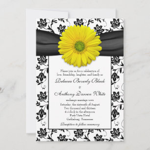Yellow Daisy Black White Floral Wedding Invitation Kaart