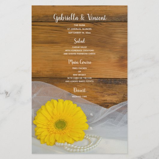 Yellow Daisy en Pearls Country Barn Wedding Menu (Voorkant)