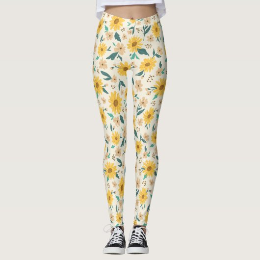 Yellow Daisy Flower Pattern Leggings (Voorkant)