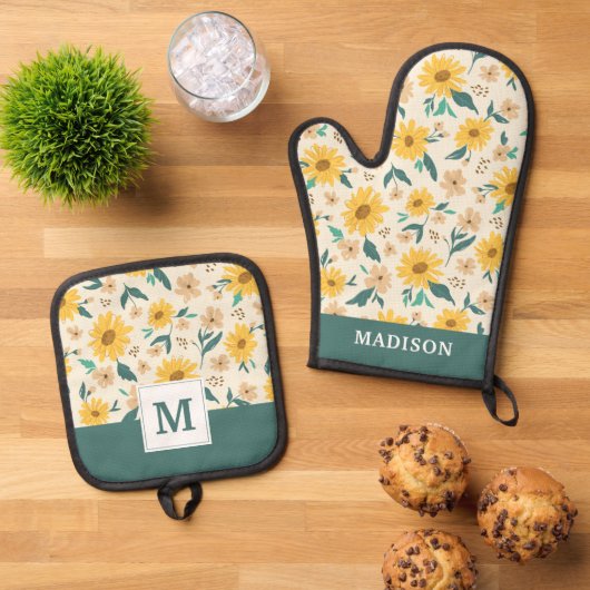 Yellow Daisy Flower Pattern Ovenwant & Pannenlap Set (Top down)