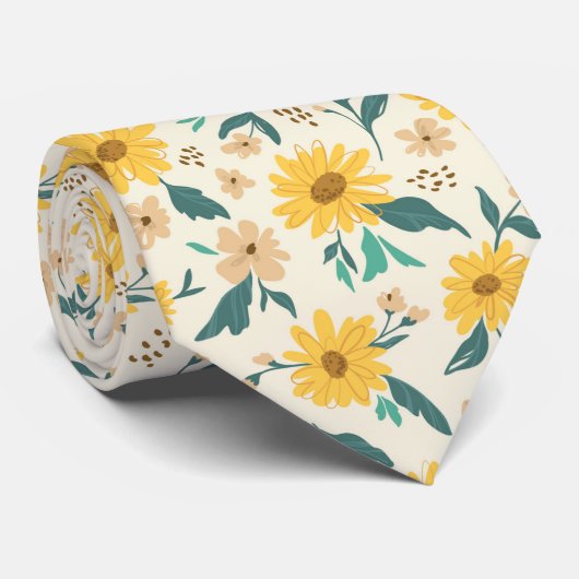 Yellow Daisy Flower Pattern Stropdas (Opgerold)