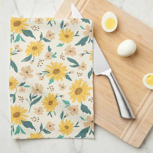 Yellow Daisy Flower Pattern Theedoek (Quarter Fold)