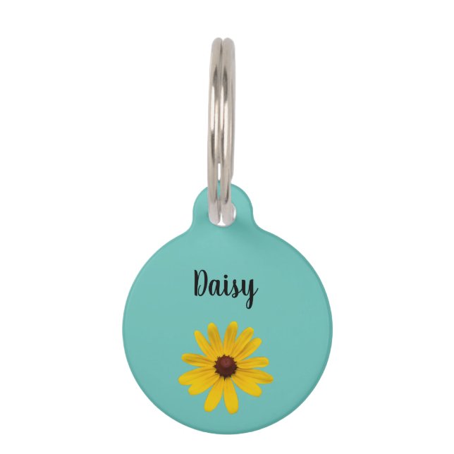 Yellow Daisy Kitty Cat Trendy Blauwgroen Huisdierpenning (Voorkant)