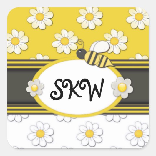 Yellow Daisy Monogram Vierkante Sticker (Voorkant)