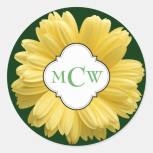 Yellow Daisy My Monogram Green Ronde Sticker