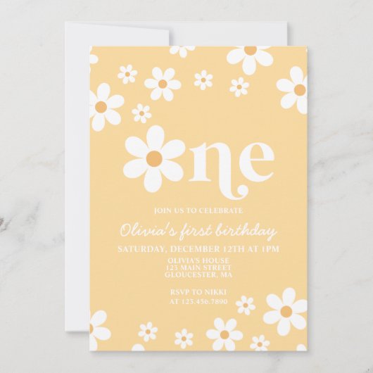 Yellow Daisy One Floral 1e verjaardag uitnodiging (Voorkant)