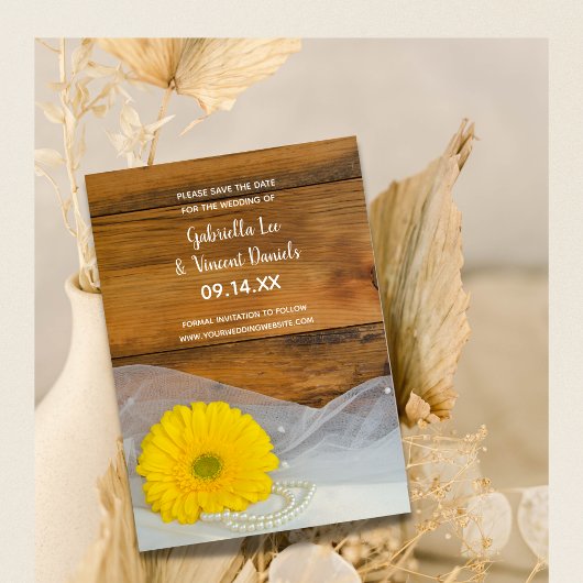 Yellow Daisy Pearls Barn Wedding Save the Date Kaart