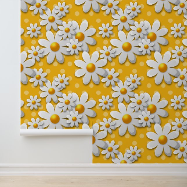 Yellow Daisy Polka Dot 60s Revival  Behang (Applicatie)
