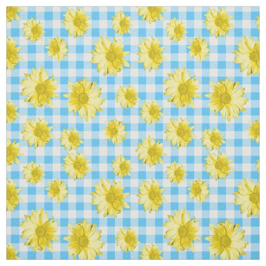 Yellow Daisy Turquoise White Gingham Stof (Swatch)