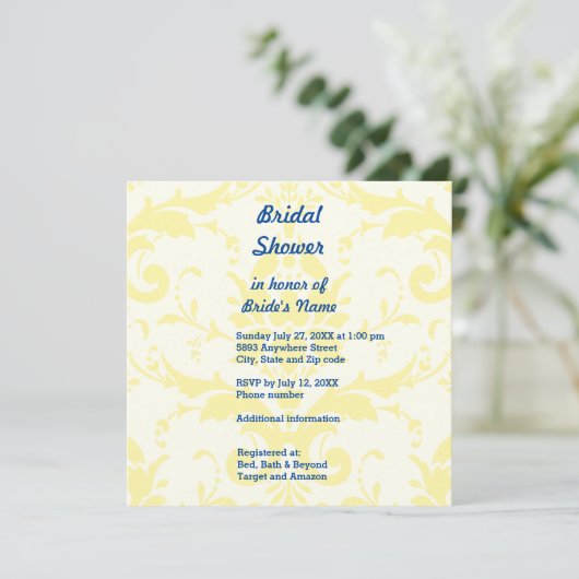Yellow Damask Background Bridal Shower Invitation Kaart (Staand voorkant)