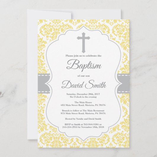 Yellow Damask Cross Baptisme Invitation Kaart (Voorkant)
