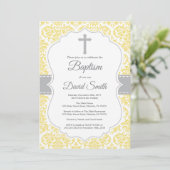Yellow Damask Cross Baptisme Invitation Kaart (Staand voorkant)