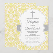 Yellow Damask Cross Baptisme Invitation Kaart (Voorkant / Achterkant)