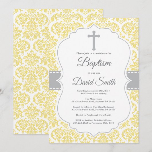 Yellow Damask Cross Baptisme Invitation Kaart (Voorkant / Achterkant)