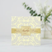Yellow Damask Monogram Gold Ribbon Uitnodiging (Staand voorkant)