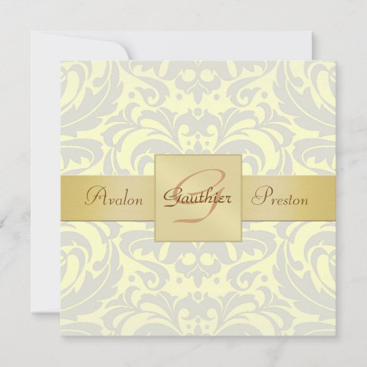 Yellow Damask Monogram Gold Ribbon Uitnodiging (Voorkant)