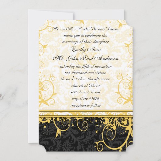 Yellow Damask Swirls Wedding Invitation Kaart (Voorkant)