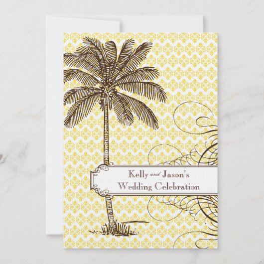 Yellow Damask Tropical Palm Wedding Invitation Kaart (Voorkant)