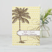 Yellow Damask Tropical Palm Wedding Invitation Kaart (Staand voorkant)
