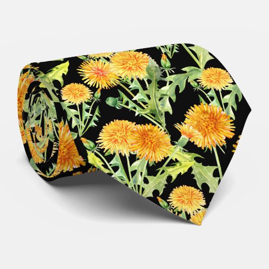 Yellow Dandelion Flowers on Black Stropdas (Opgerold)
