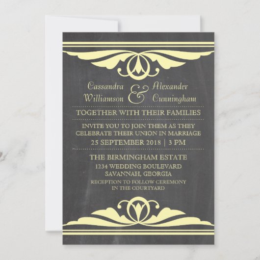 Yellow Deco Chalkboard Wedding Invite Kaart (Voorkant)