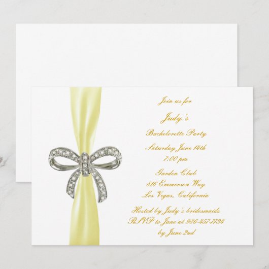 Yellow Diamond Bow Bachelorette Party Invitation Kaart (Voorkant / Achterkant)