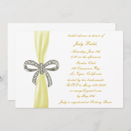 Yellow Diamond Bow Bridal Shower-uitnodiging Kaart (Voorkant / Achterkant)