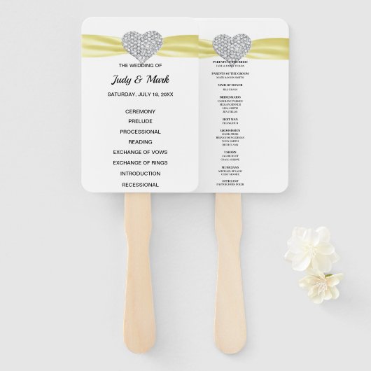 Yellow Diamond Heart Wedding Programme Handwaaier (Voorkant en achterkant)