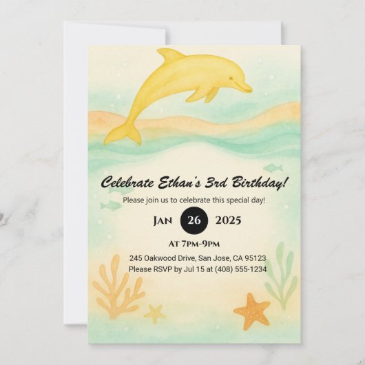 Yellow Dolphin Coral Beach Illustration Birthday  Kaart (Voorkant)