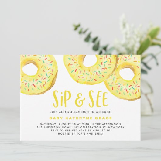 Yellow Donuts Sprinkles Baby shower Sip and See Kaart (Staand voorkant)