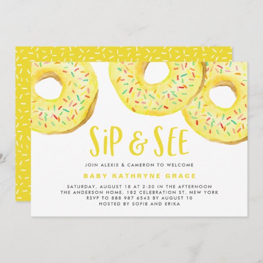 Yellow Donuts Sprinkles Baby shower Sip and See Kaart (Voorkant / Achterkant)