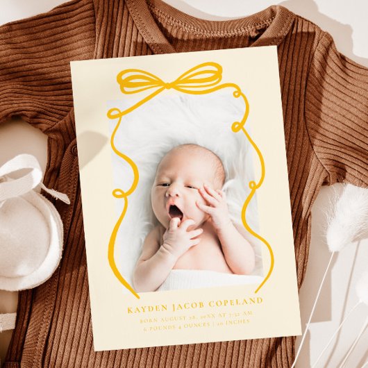 Yellow Doodle Bow Lijst Geboorteaankondiging Foto Aankondiging