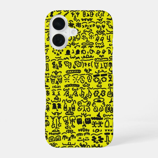 Yellow Doodle Pattern Phone Case – Abstract Black iPhone 16 Hoesje (Achterkant)
