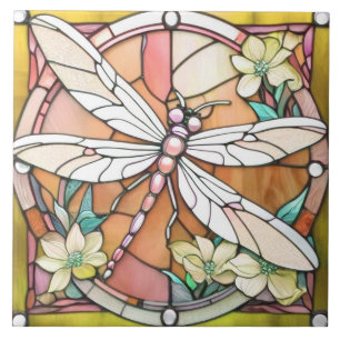 Yellow Dragonfly Art Nouveau Deco Glas in lood Tegeltje