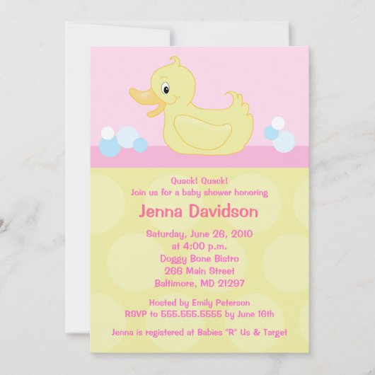Yellow Duck 5x7 Baby shower Invitation - Roze Kaart (Voorkant)
