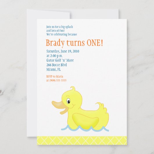 Yellow Duck 5x7 Birthday Invitation - Geel Kaart (Voorkant)
