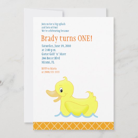 Yellow Duck 5x7 Birthday Invitation - Sinaasappel Kaart (Voorkant)