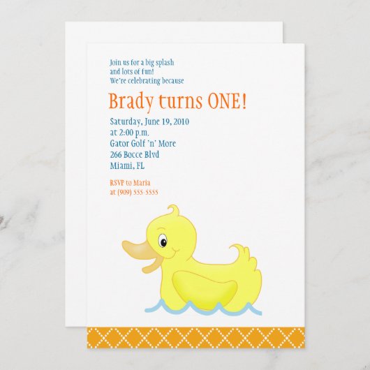 Yellow Duck 5x7 Birthday Invitation - Sinaasappel Kaart (Voorkant / Achterkant)